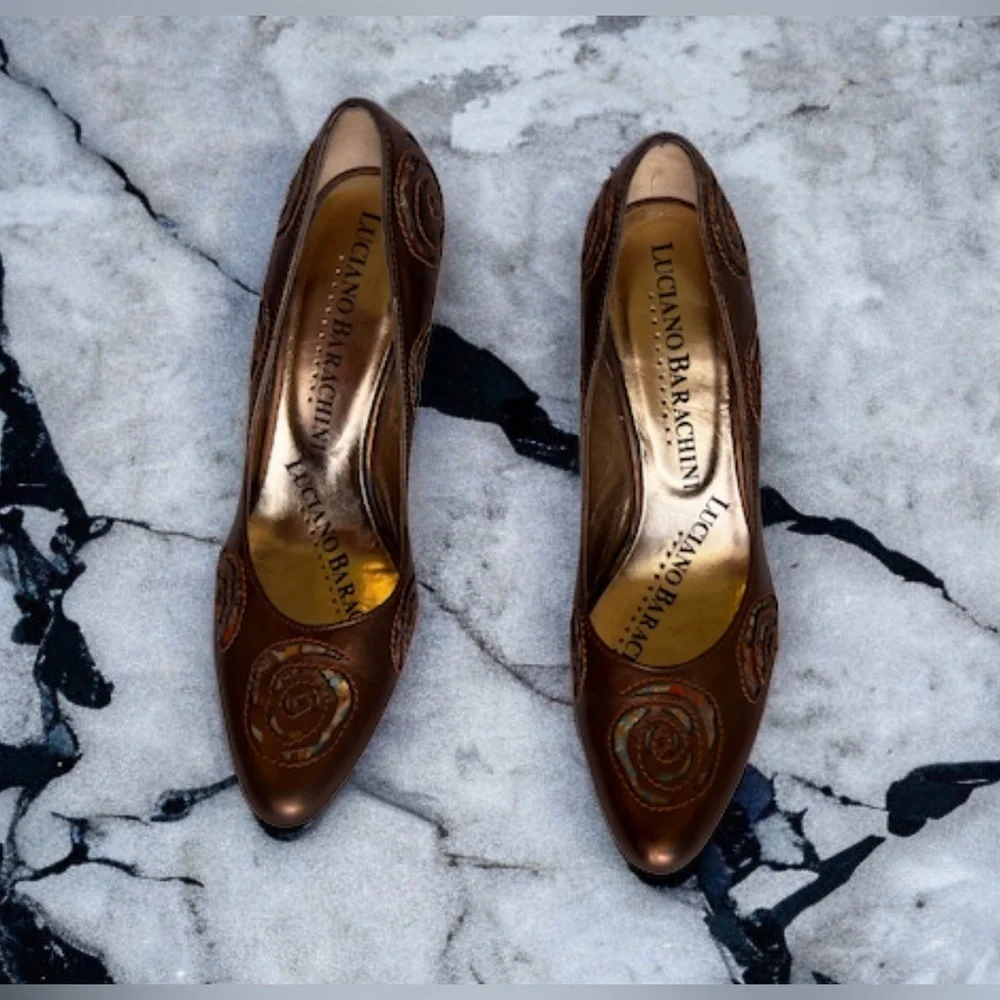 Luciano Barachini Gold Designer Pointy Toe Heel Size 8.5
